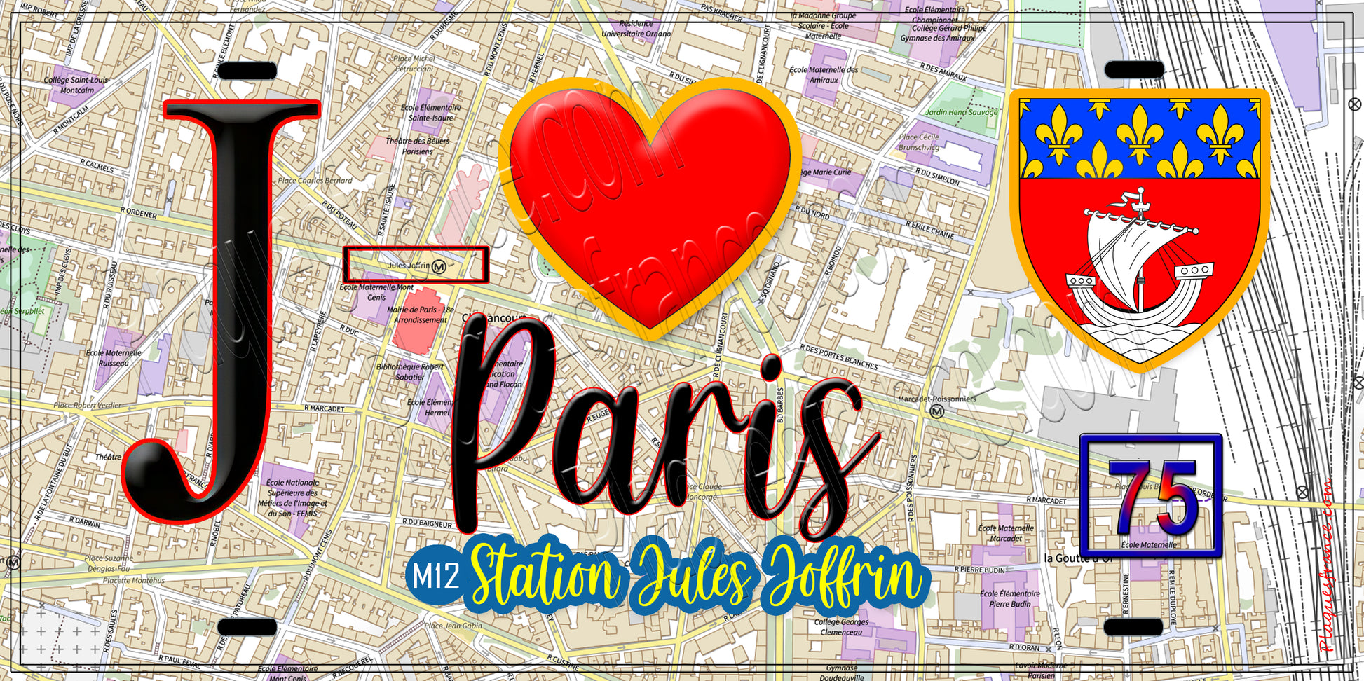 Plaque métal décorative  J' ❤️ Paris : Métro Station Jules Joffrin
