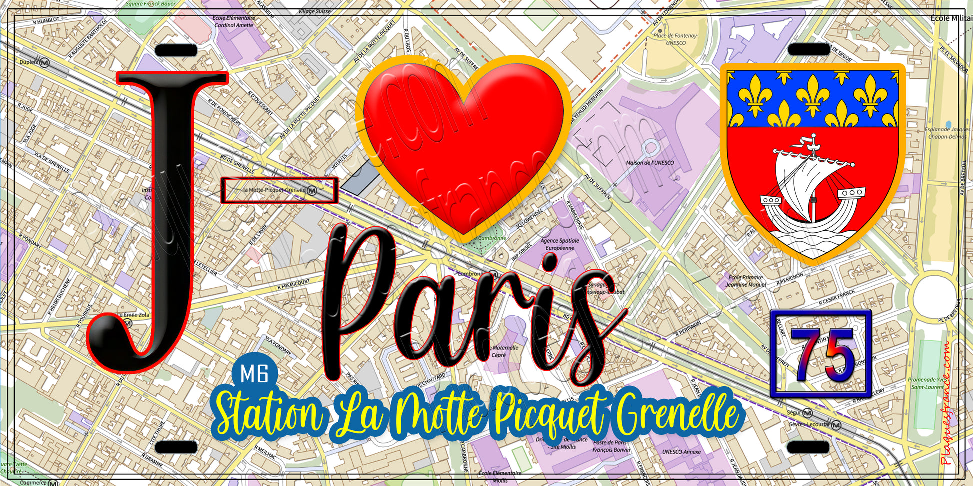 Plaque métal décorative  J' ❤️ Paris : Métro Station La Motte‑Picquet – Grenelle