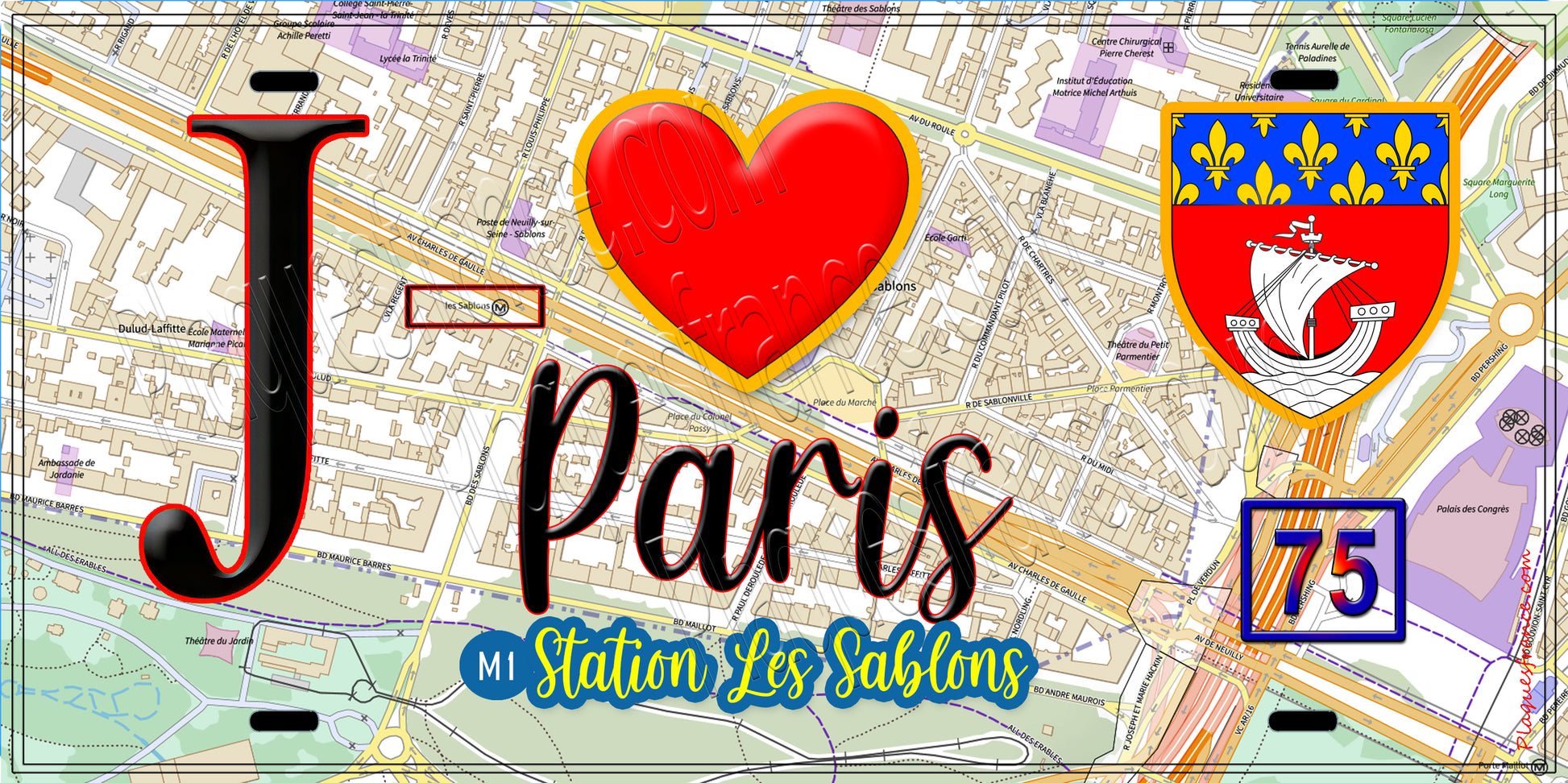 Plaque métal décorative  J' ❤️ Paris : Métro Station Les Sablons