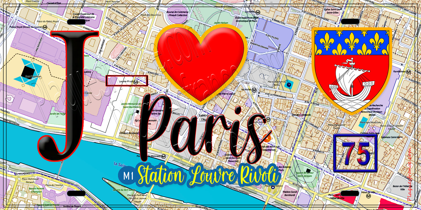 Plaque métal décorative  J' ❤️ Paris : Métro Station Palais Louvre–Rivoli