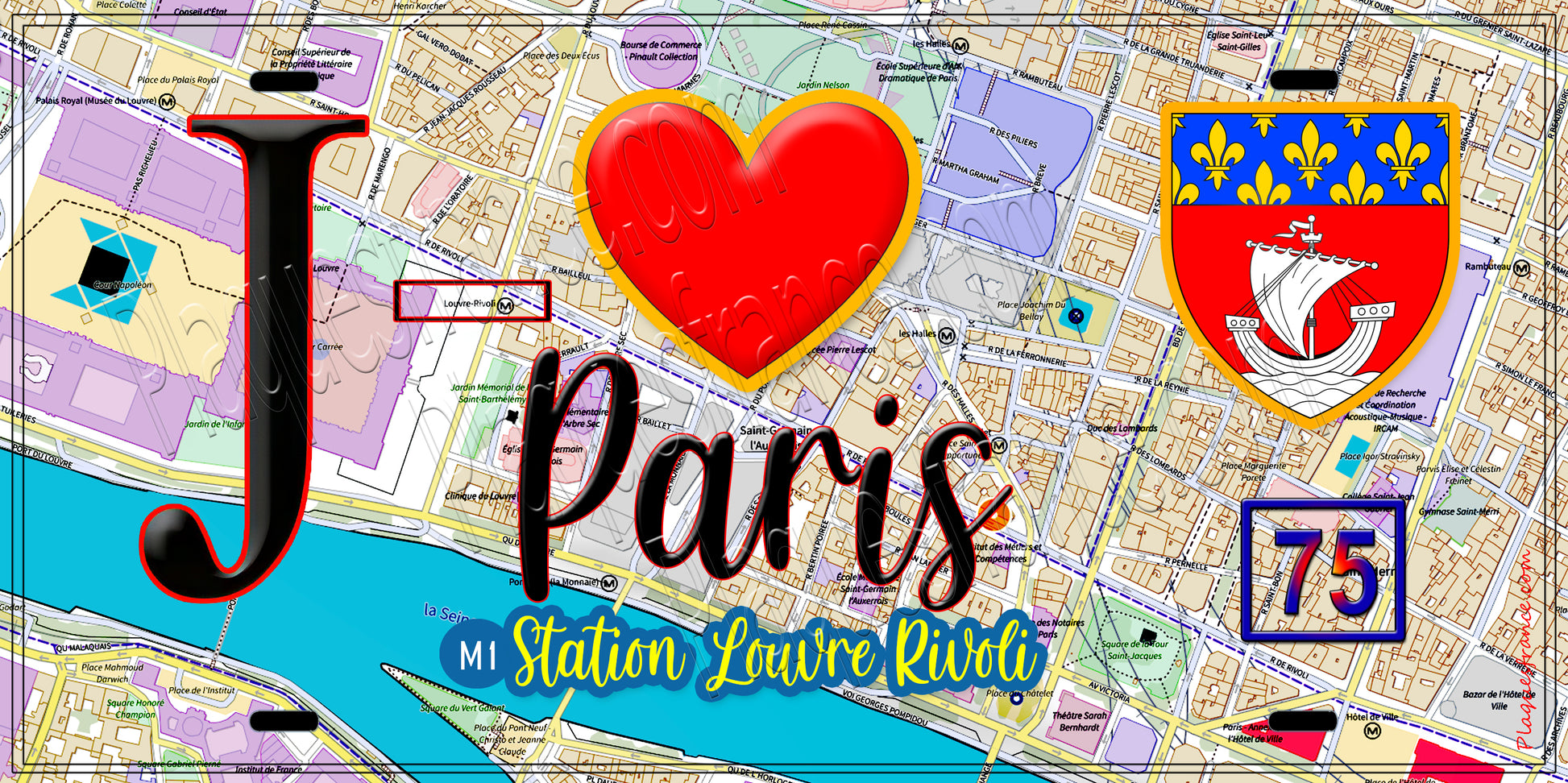 Plaque métal décorative  J' ❤️ Paris : Métro Station Palais Louvre–Rivoli