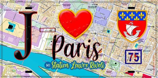 Plaque métal décorative  J' ❤️ Paris : Métro Station Palais Louvre–Rivoli