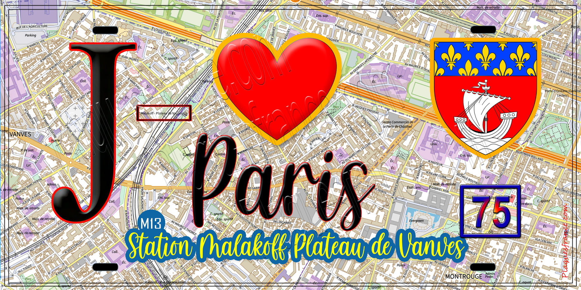 Plaque métal décorative  J' ❤️ Paris : Métro Station Malakoff – Plateau de Vanves