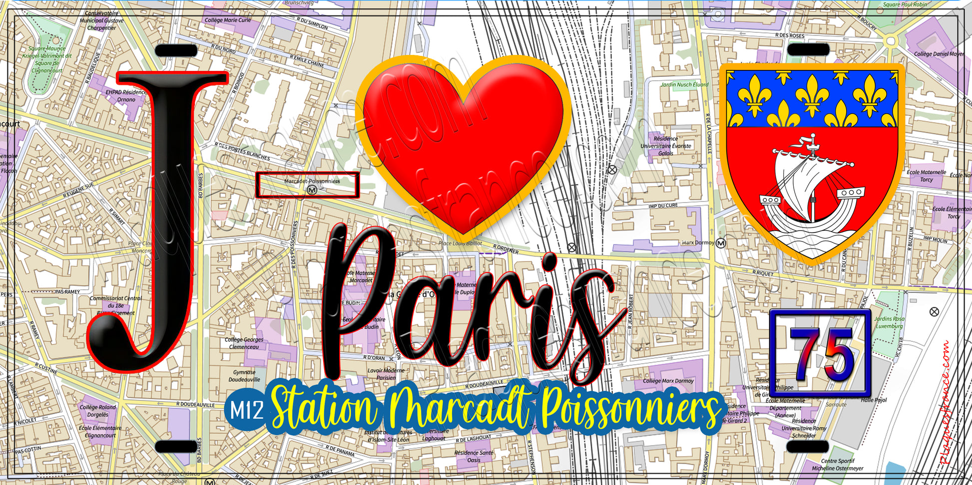 Plaque métal décorative  J' ❤️ Paris : Métro Station Marcadet – Poissonniers