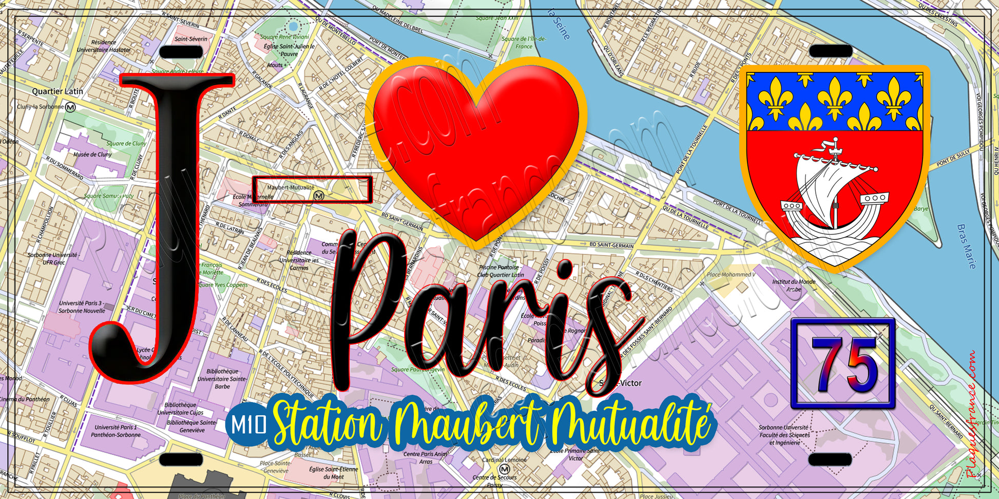 Plaque métal décorative  J' ❤️ Paris : Métro Station Maubert – Mutualité