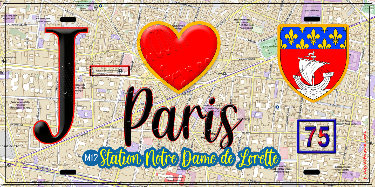 Plaque métal décorative  J' ❤️ Paris : Métro Station Notre‑Dame‑de‑Lorette