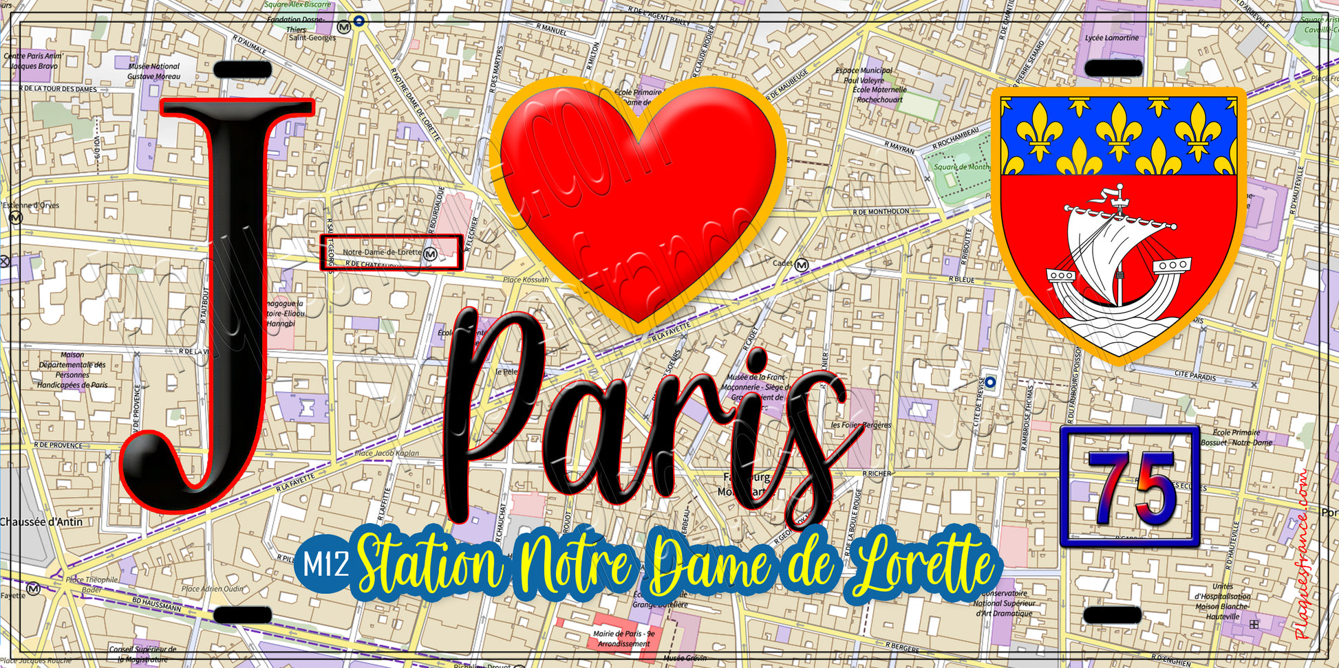 Plaque métal décorative  J' ❤️ Paris : Métro Station Notre‑Dame‑de‑Lorette