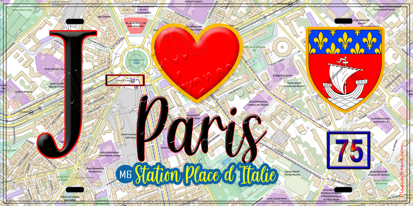 Plaque métal décorative  J' ❤️ Paris : Métro Station Place d’Italie