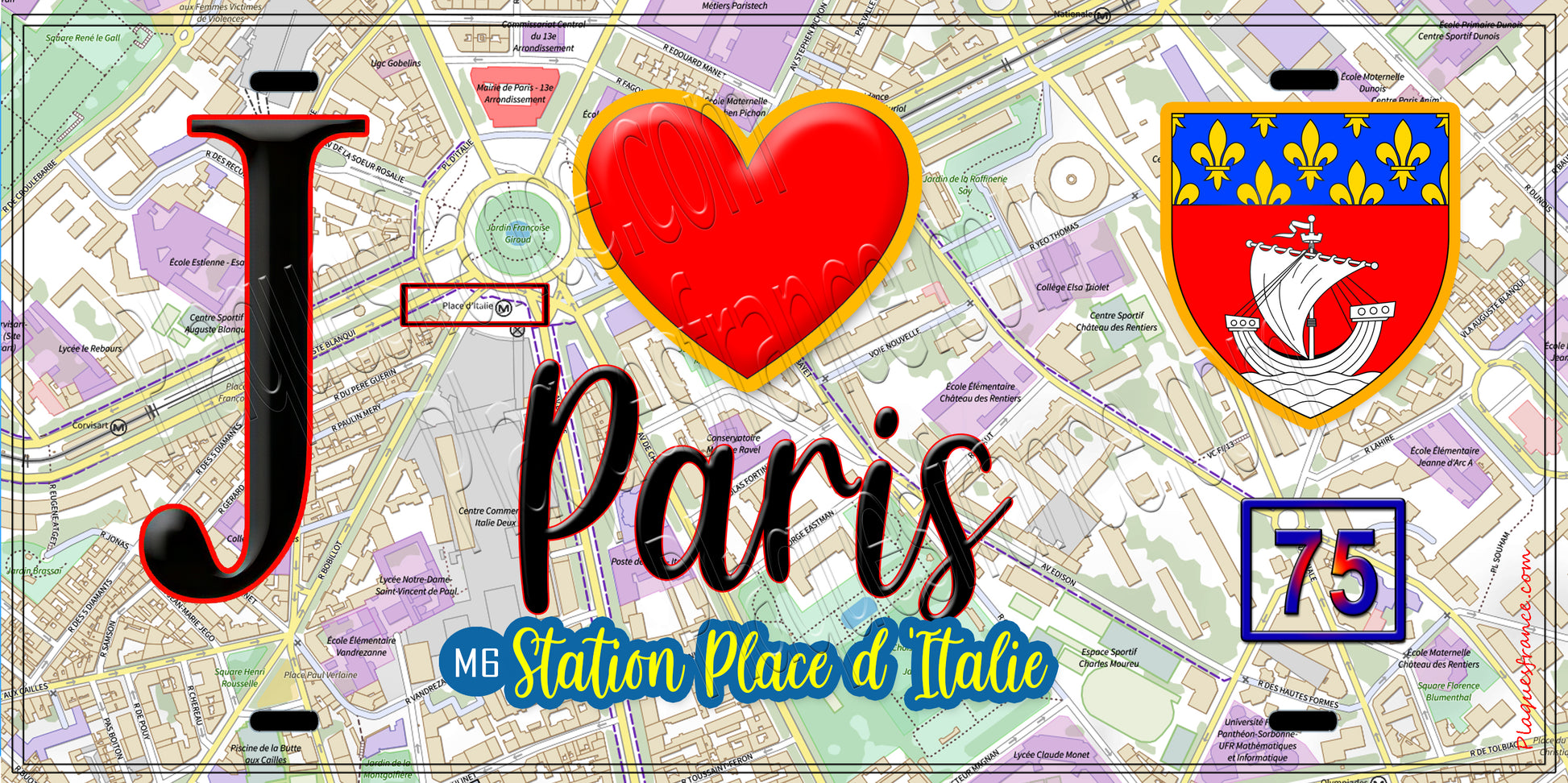 Plaque métal décorative  J' ❤️ Paris : Métro Station Place d’Italie