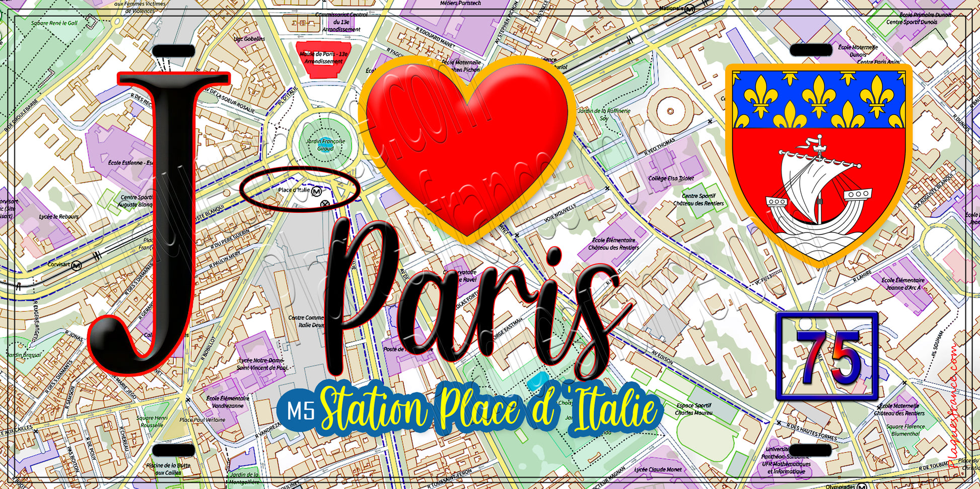 Plaque métal décorative  J' ❤️ Paris : Métro Station Place d’Italie