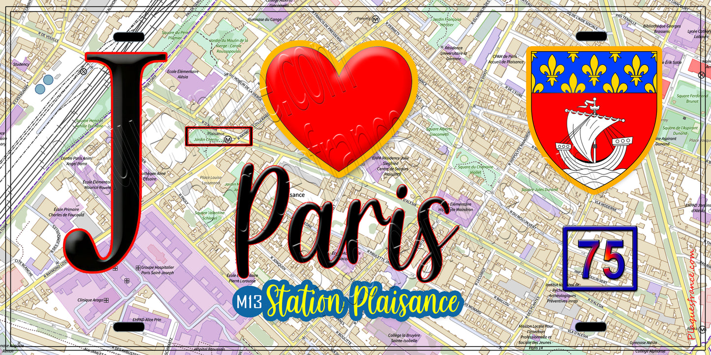 Plaque métal décorative  J' ❤️ Paris : Métro Station Plaisance