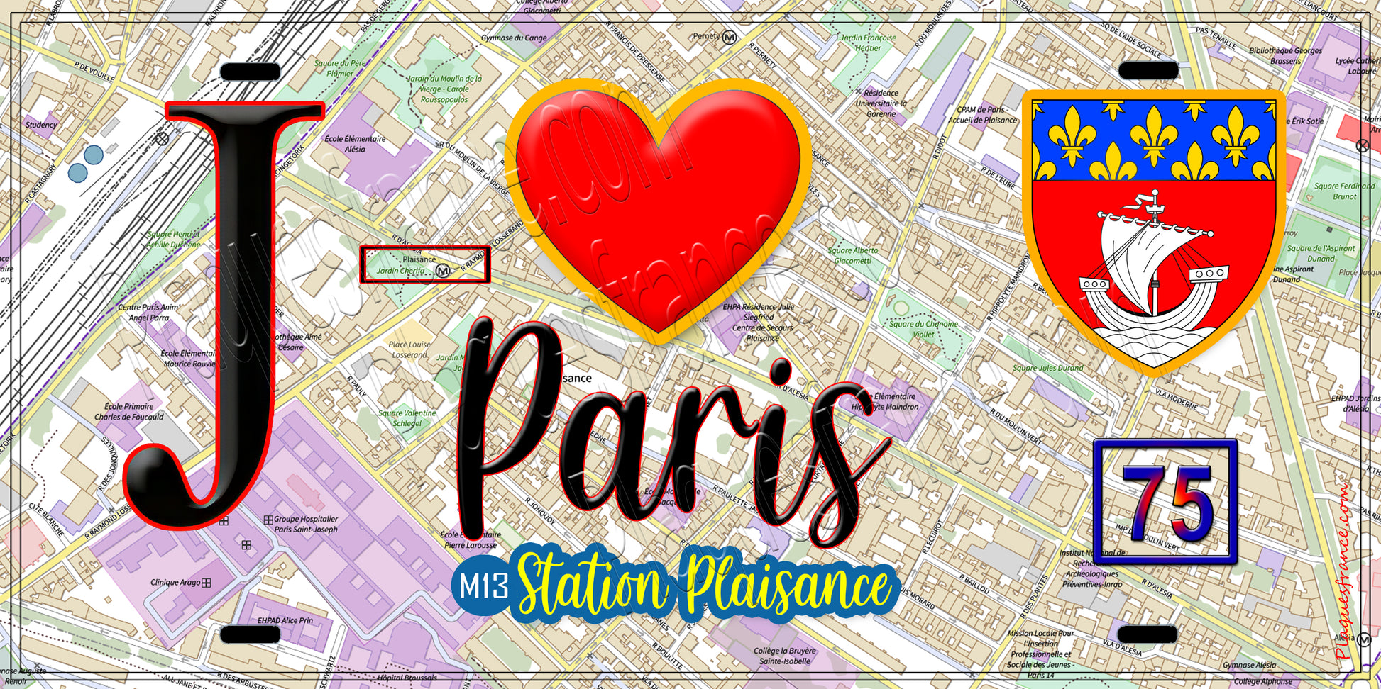 Plaque métal décorative  J' ❤️ Paris : Métro Station Plaisance
