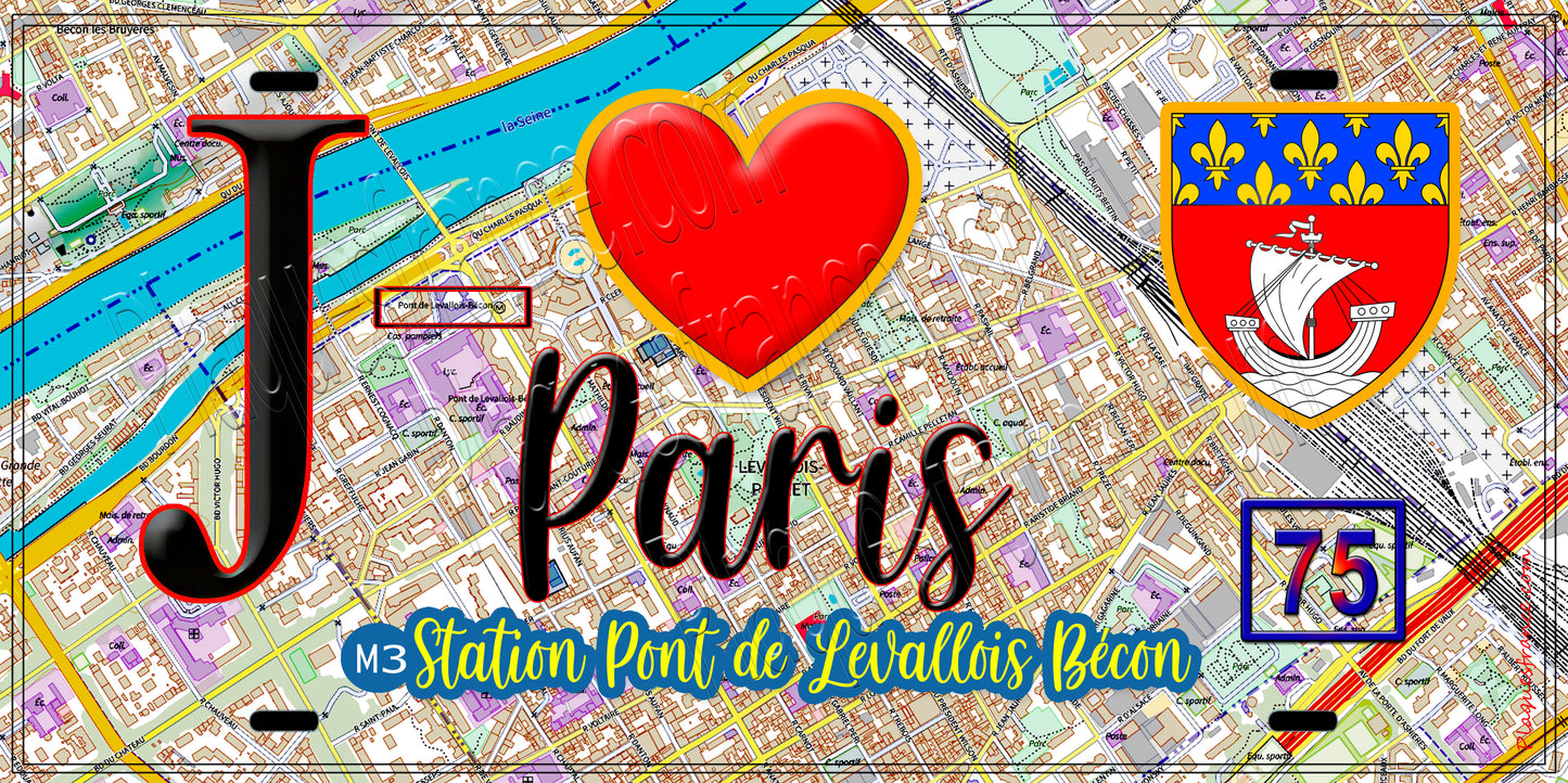 Plaque métal décorative  J' ❤️ Paris : Métro Pont de Levallois – Bécon