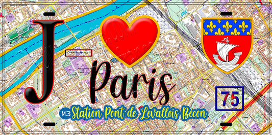 Plaque métal décorative  J' ❤️ Paris : Métro Pont de Levallois – Bécon