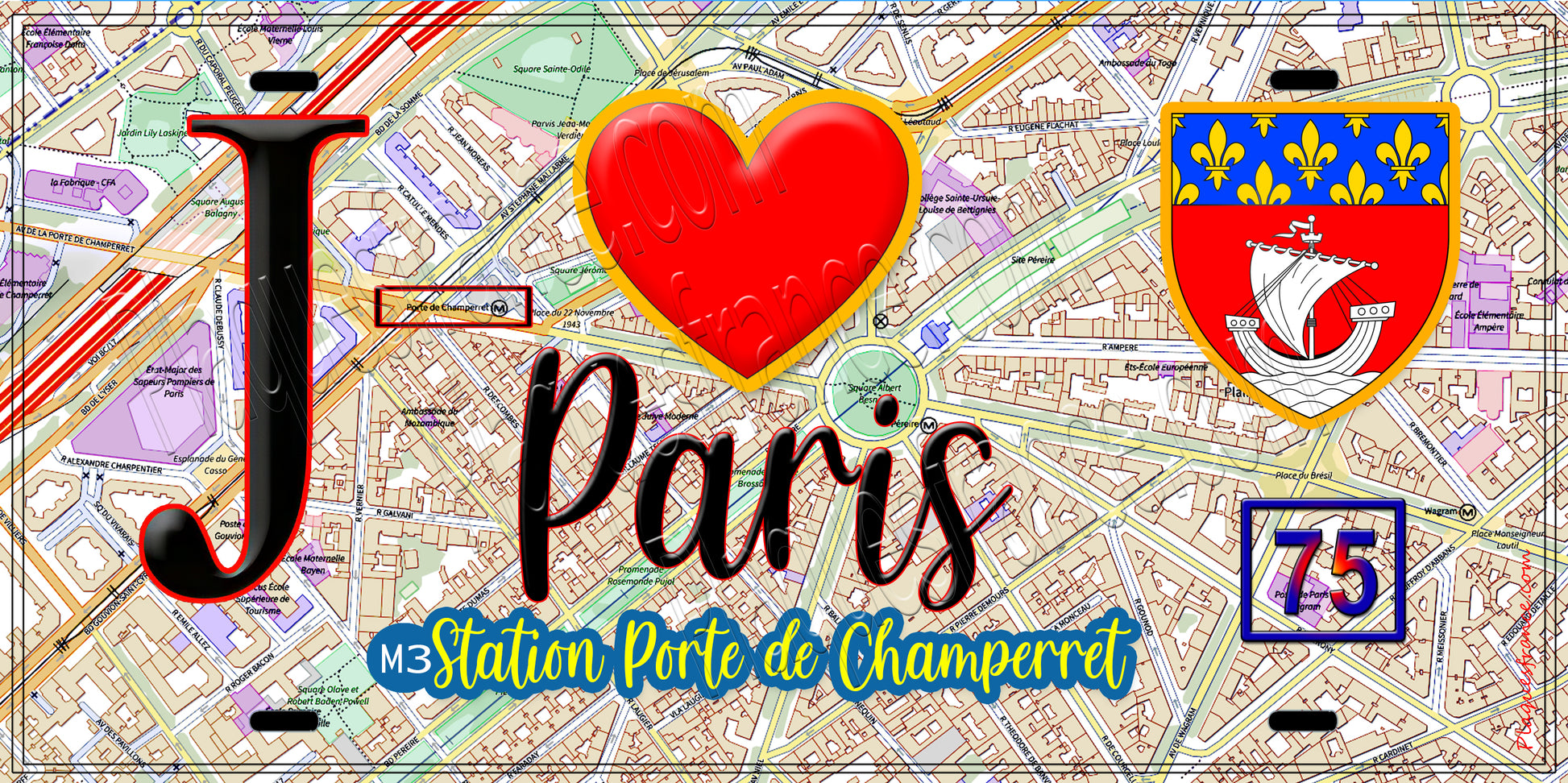 Plaque métal décorative  J' ❤️ Paris : Métro Porte de Champerret