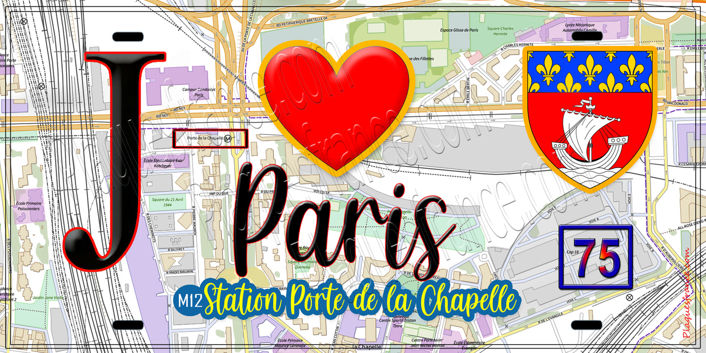 Plaque métal décorative  J' ❤️ Paris : Métro Station Porte de la Chapelle