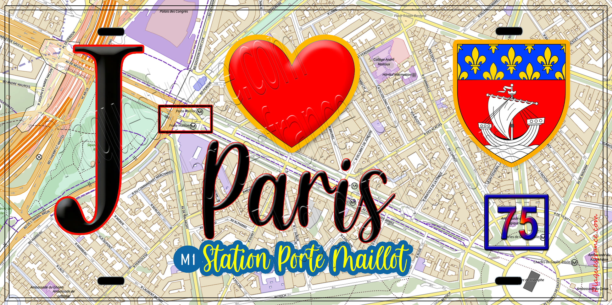 Plaque métal décorative  J' ❤️ Paris : Métro Station Porte Maillot