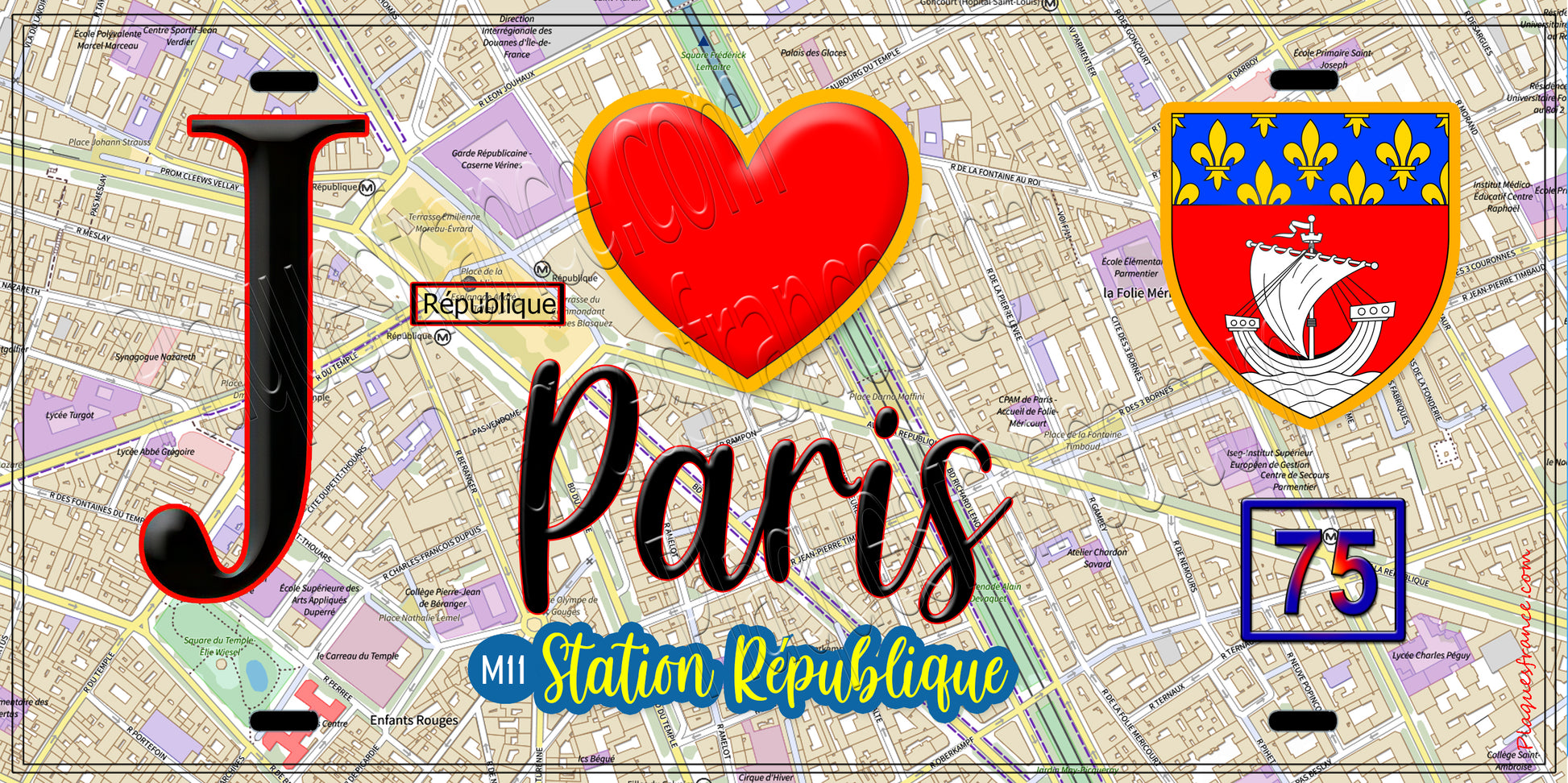 Plaque métal décorative  J' ❤️ Paris : Métro Station République