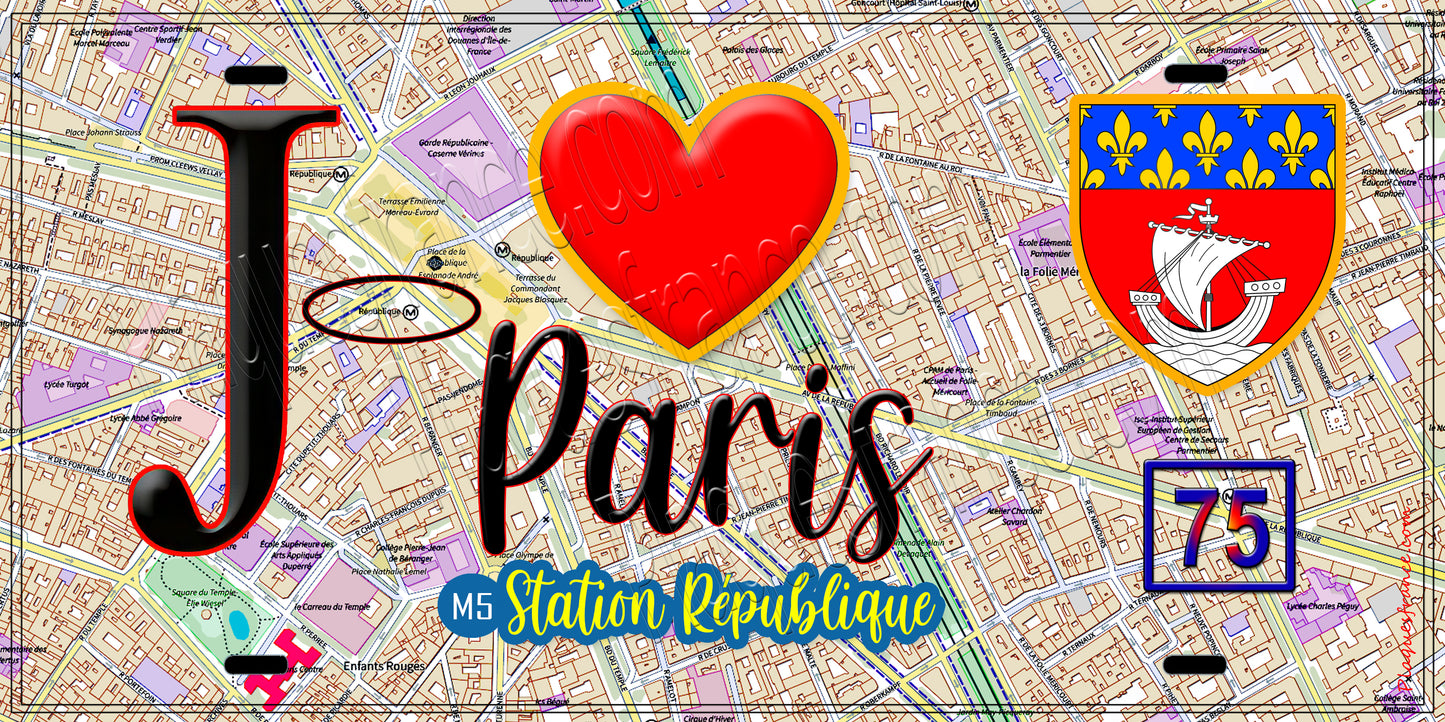 Plaque métal décorative  J' ❤️ Paris : Métro Station République