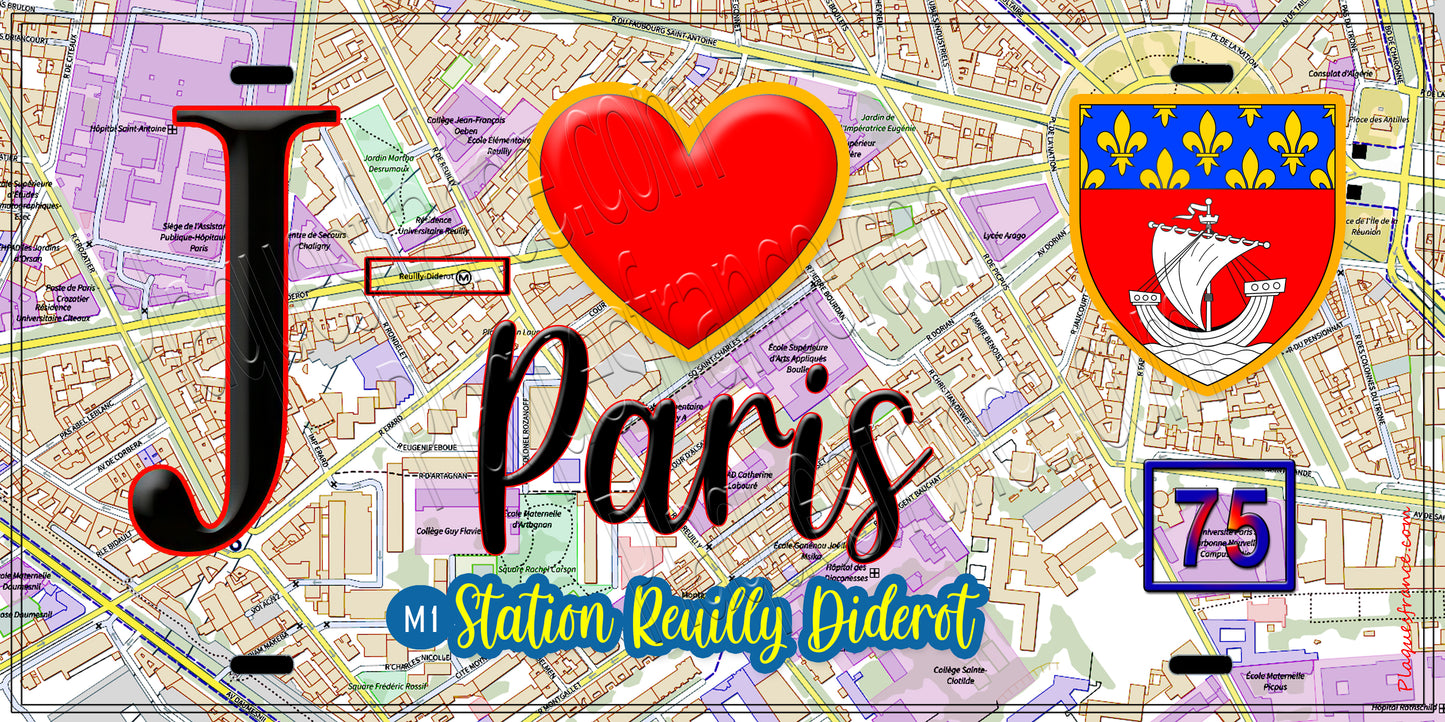 Plaque métal décorative  J' ❤️ Paris : Métro Station Reuilly–Diderot