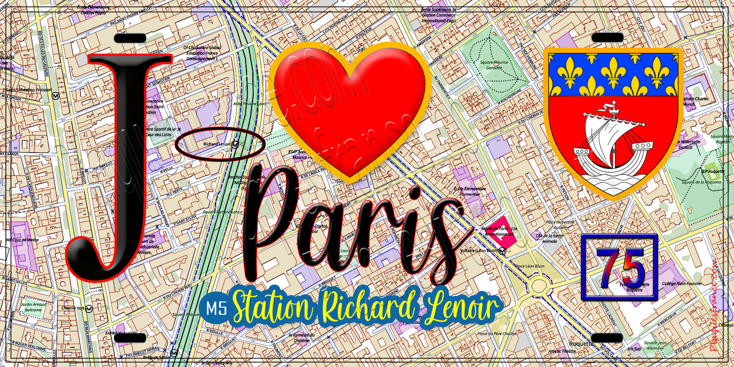 Plaque métal décorative  J' ❤️ Paris : Métro Station Richard‑Lenoir