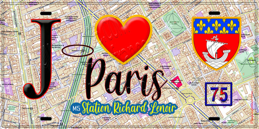 Plaque métal décorative  J' ❤️ Paris : Métro Station Richard‑Lenoir
