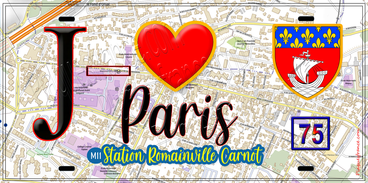 Plaque métal décorative  J' ❤️ Paris : Métro Station Romainville – Carnot
