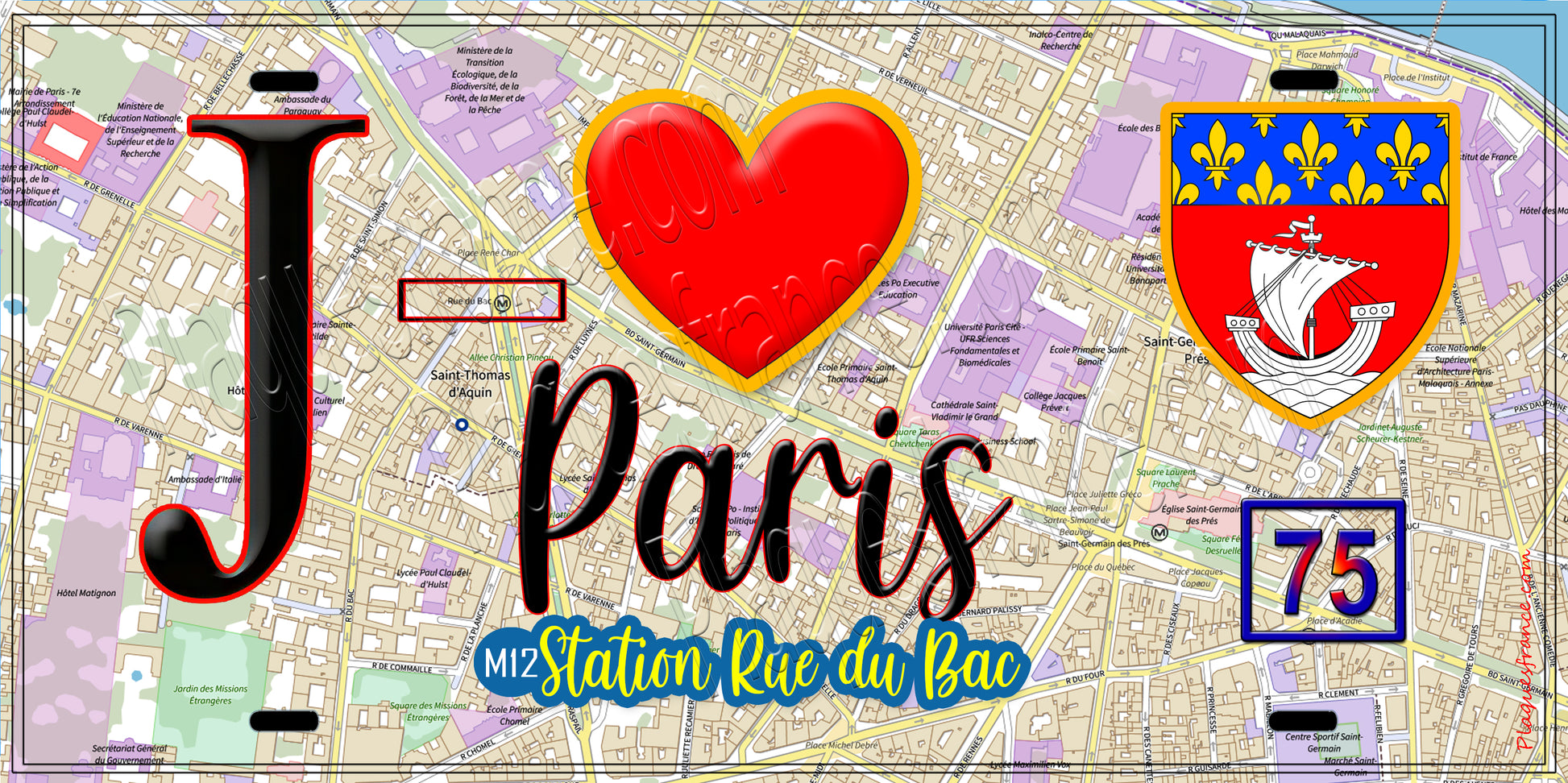 Plaque métal décorative  J' ❤️ Paris : Métro Station Rue du Bac