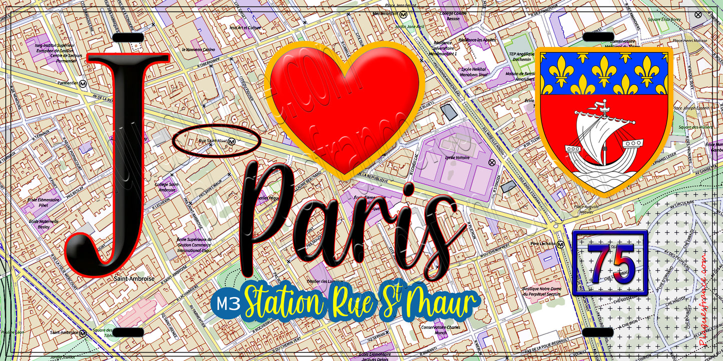 Plaque métal décorative  J' ❤️ Paris : Métro Rue Saint‑Maur