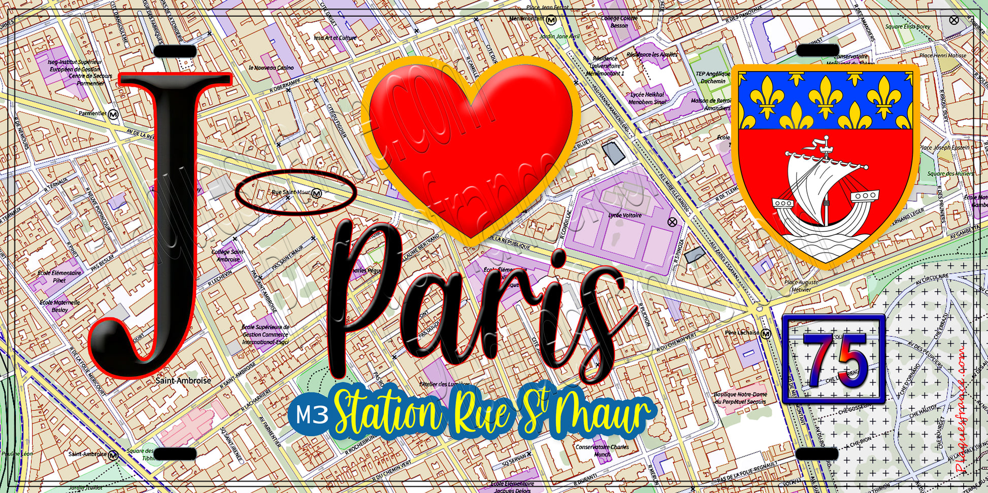 Plaque métal décorative  J' ❤️ Paris : Métro Rue Saint‑Maur