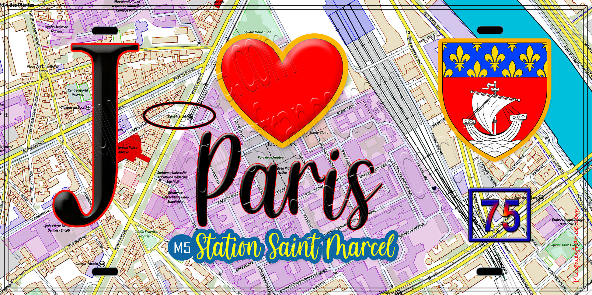 Plaque métal décorative  J' ❤️ Paris : Métro Station Saint‑Marcel