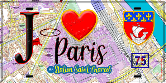 Plaque métal décorative  J' ❤️ Paris : Métro Station Saint‑Marcel