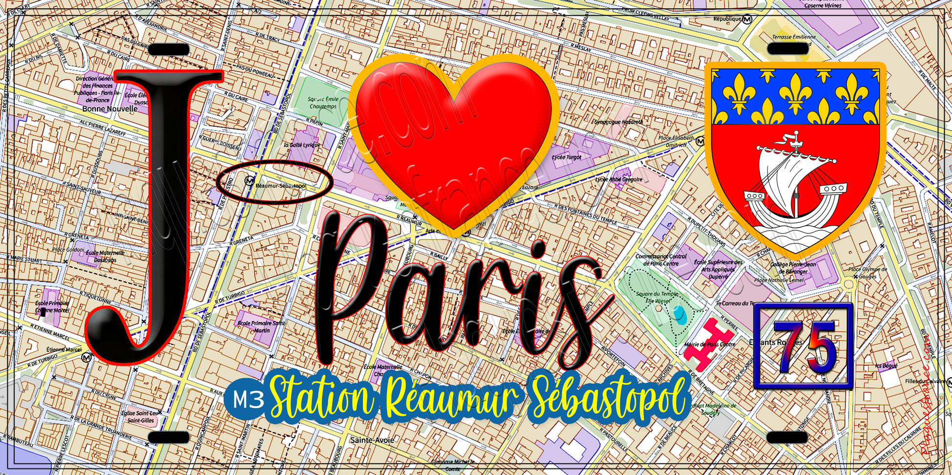 Plaque métal décorative  J' ❤️ Paris : Métro Réaumur – Sébastopol