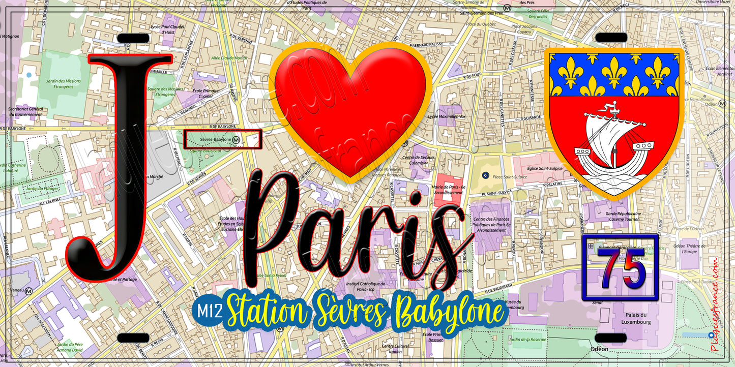 Plaque métal décorative  J' ❤️ Paris : Métro Station Sèvres – Babylone