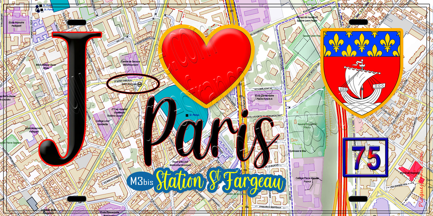 Plaque métal décorative  J' ❤️ Paris : Métro Saint‑Fargeau