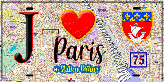 Plaque métal décorative  J' ❤️ Paris : Métro Station Villiers