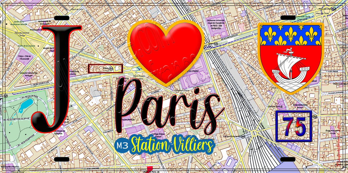 Plaque métal décorative  J' ❤️ Paris : Métro Villiers