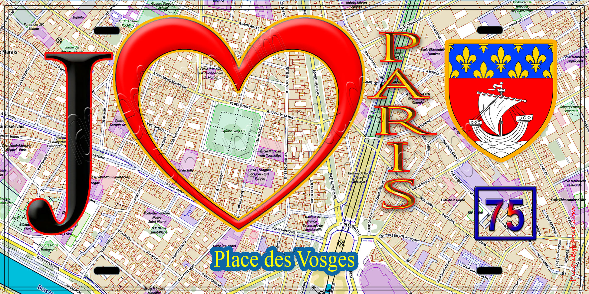 Plaque métal décorative  J' ❤️ Paris : Place des Vosges.