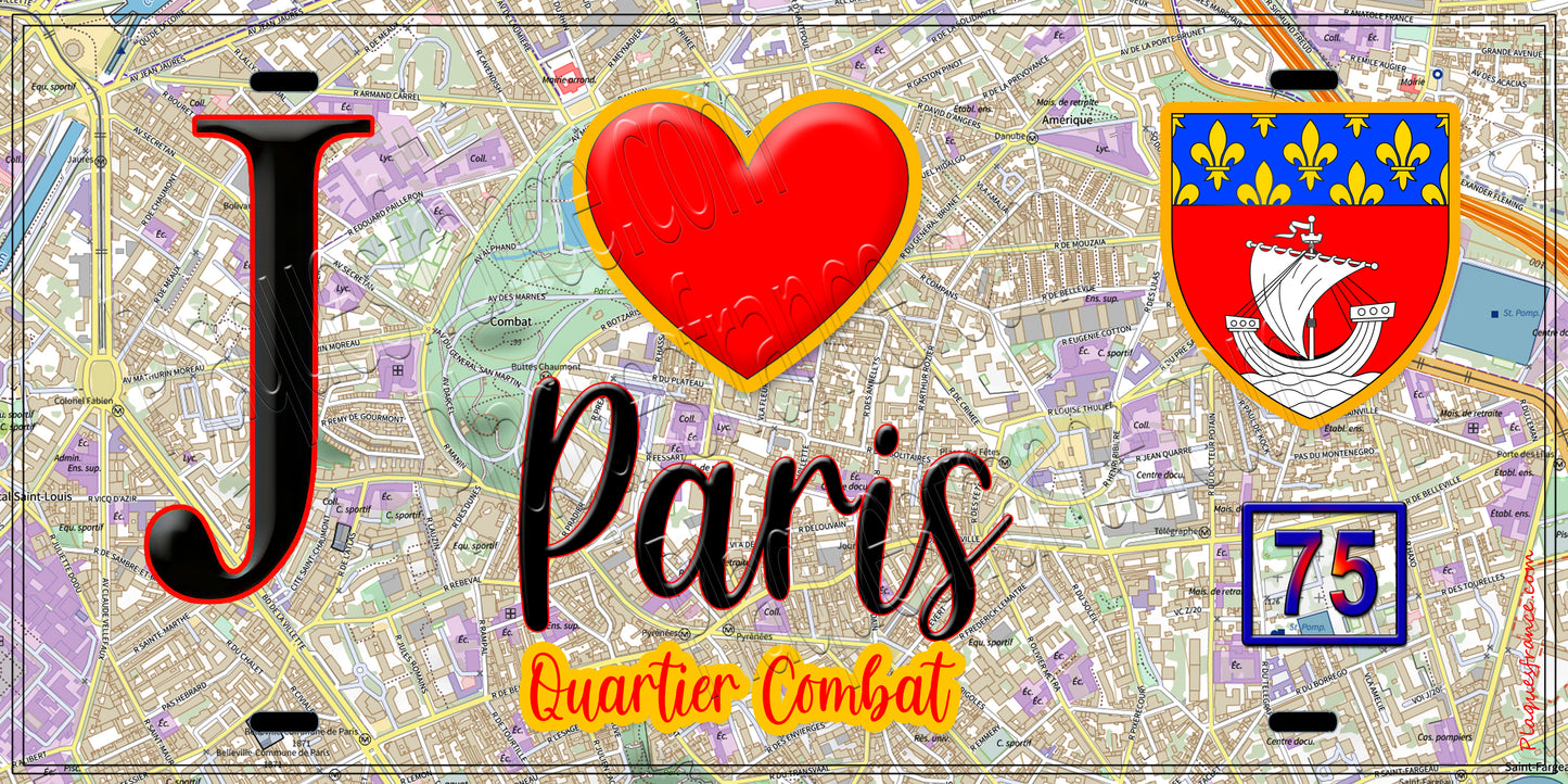 Plaque métal décorative  J' ❤️ Paris : Quartier Combat