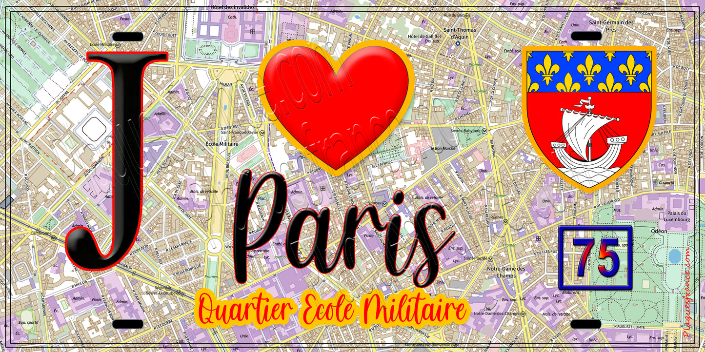 Plaque métal décorative  J' ❤️ Paris : Quartier École-Militaire