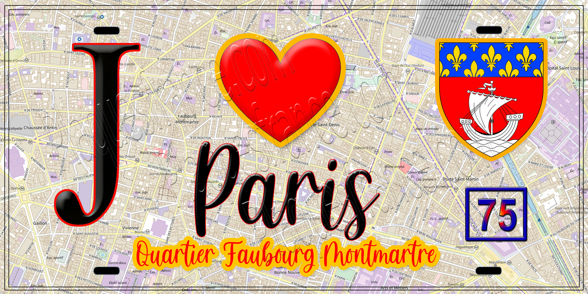 Plaque métal décorative  J' ❤️ Paris : Quartier Faubourg-Montmartre