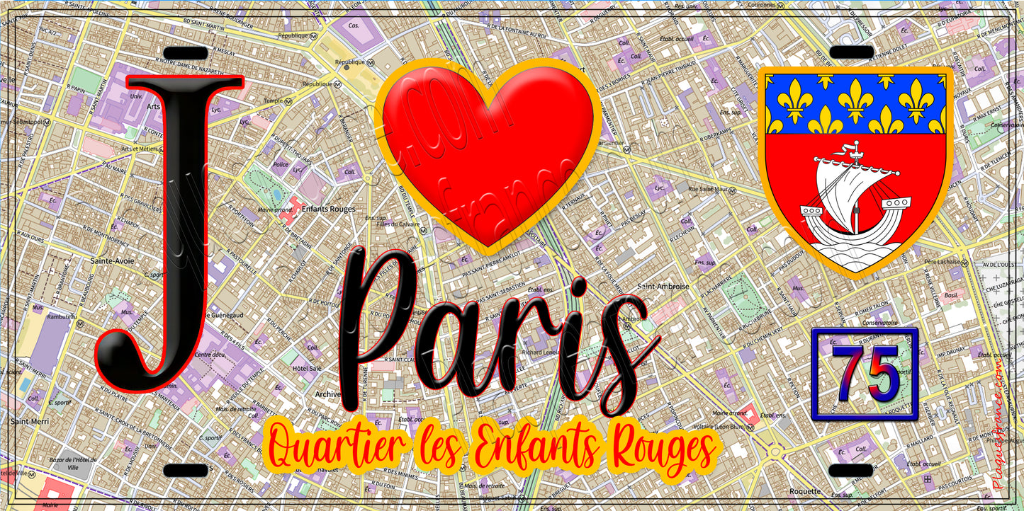 Plaque métal décorative  J' ❤️ Paris : Quartier Enfants-Rouges