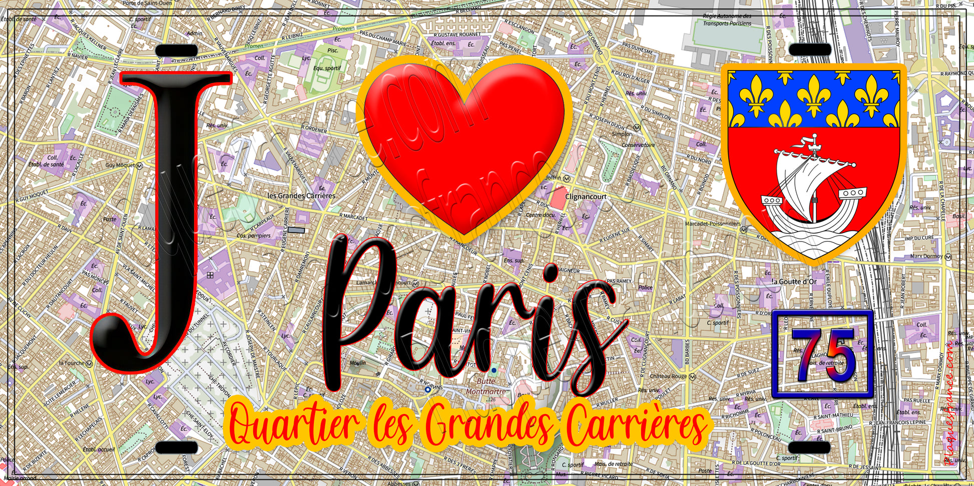 Plaque métal décorative  J' ❤️ Paris : Quartier Grandes-Carrières
