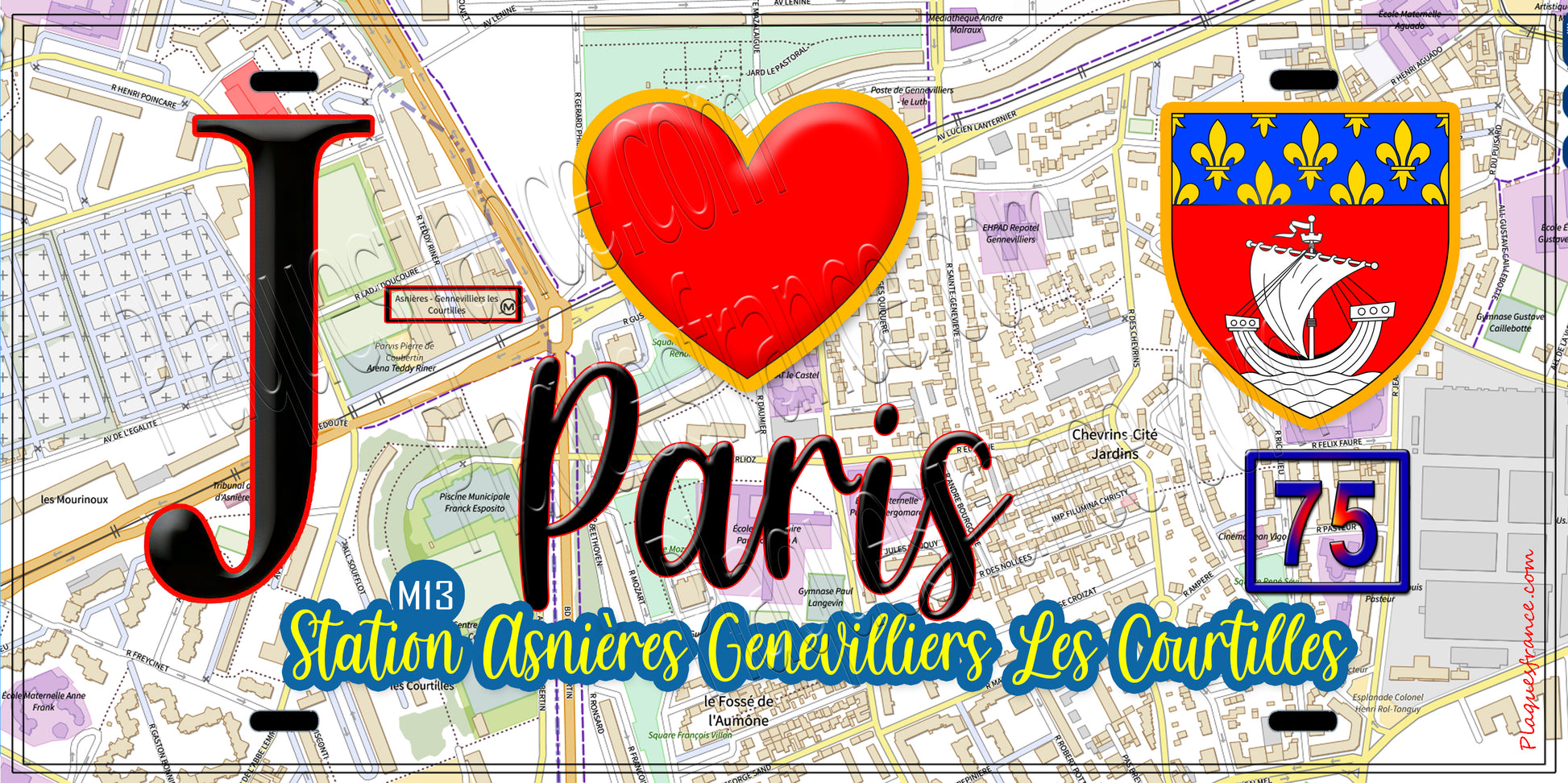 Plaque métal décorative  J' ❤️ Paris : Métro Station Asnières – Gennevilliers – Les Courtilles