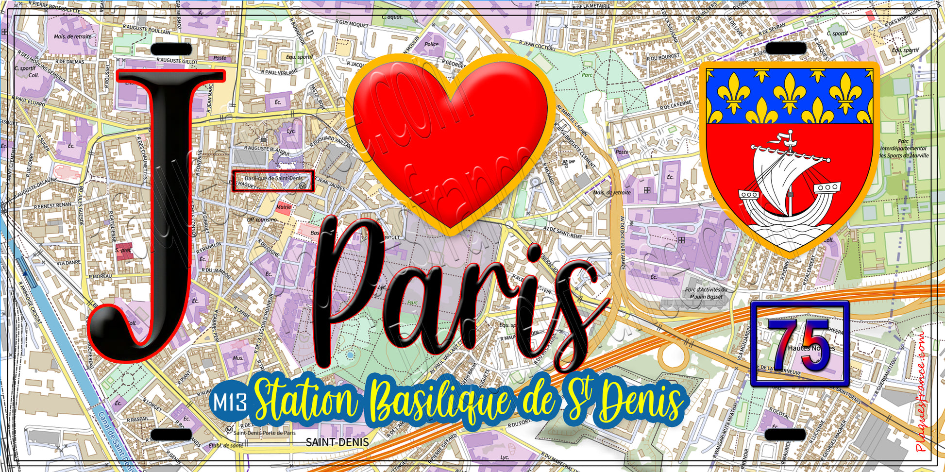 Plaque métal décorative  J' ❤️ Paris : Métro Station Basilique de Saint‑Denis