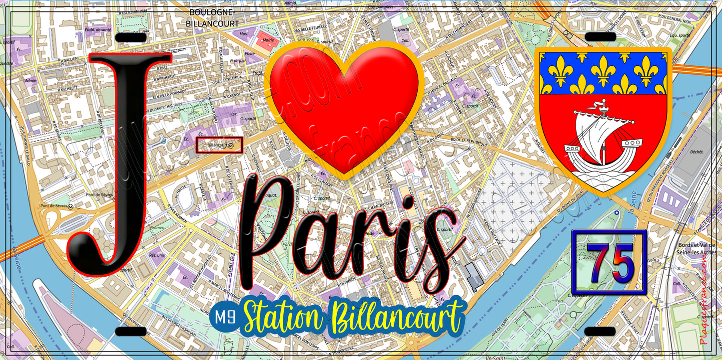 Plaque métal décorative  J' ❤️ Paris : Métro Station Billancourt