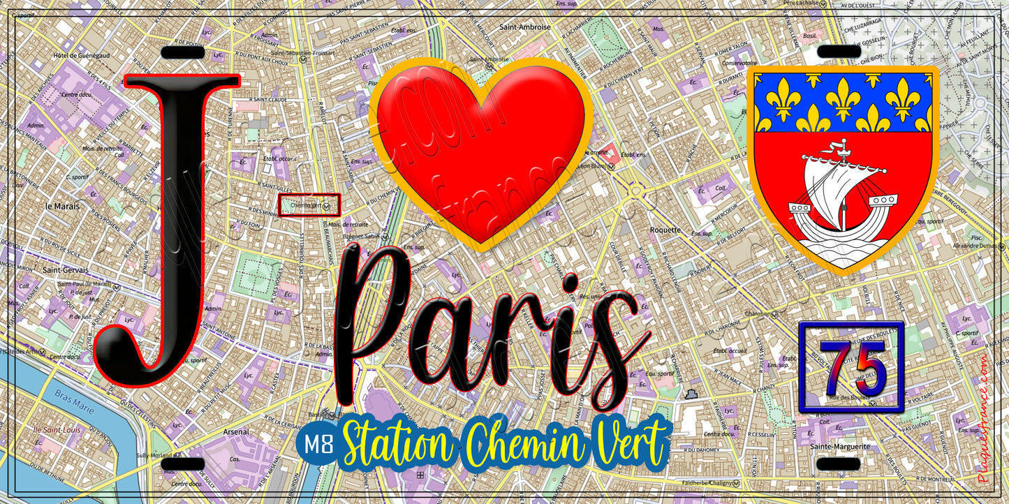 Plaque métal décorative  J' ❤️ Paris : Métro Station Chemin Vert