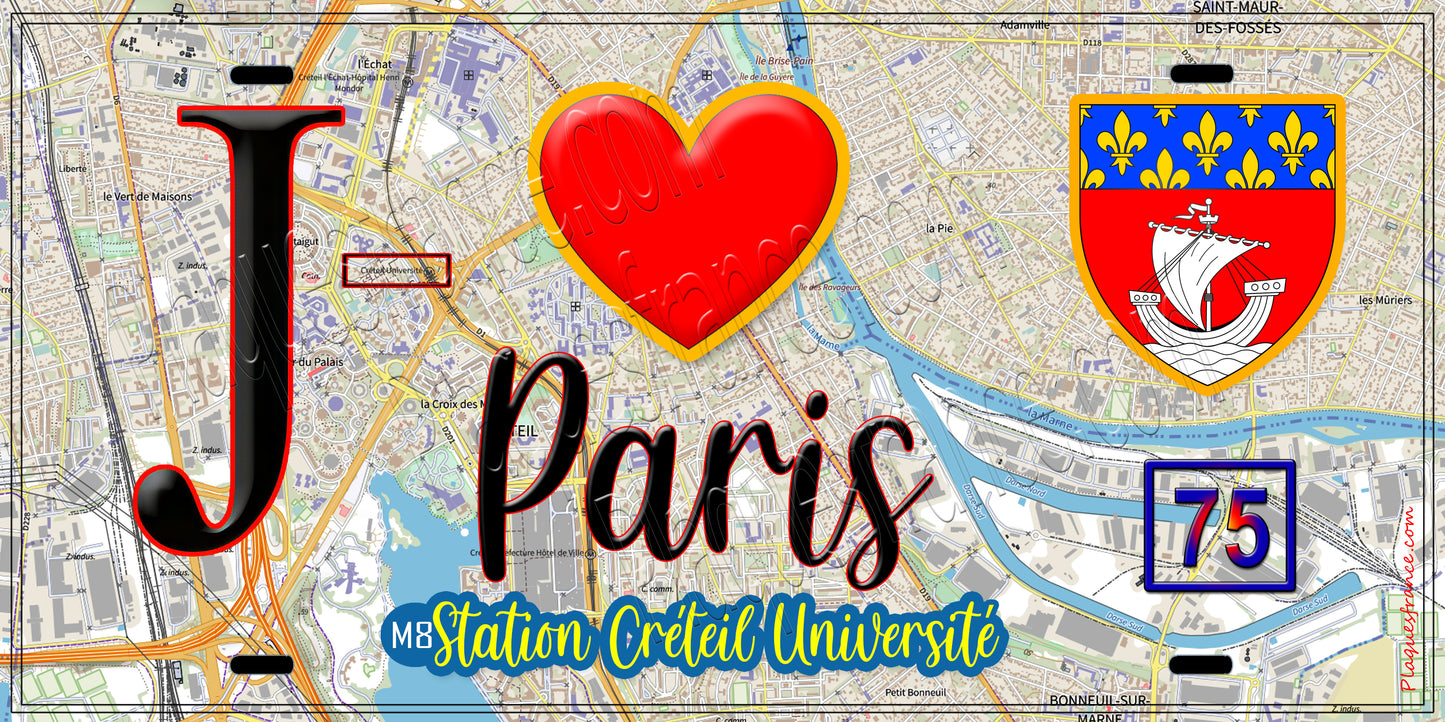Plaque métal décorative  J' ❤️ Paris : Métro Station Créteil Université