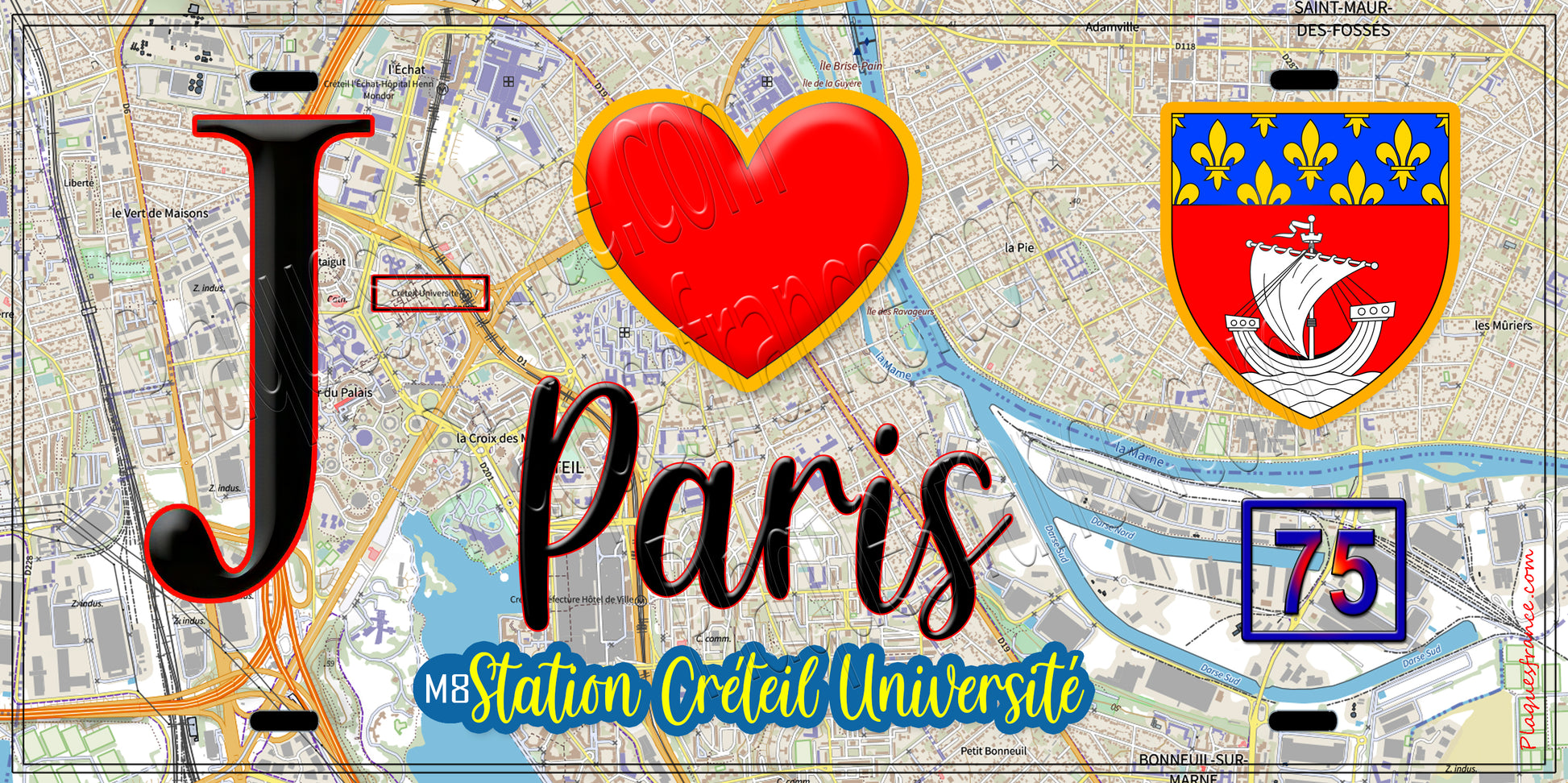 Plaque métal décorative  J' ❤️ Paris : Métro Station Créteil Université