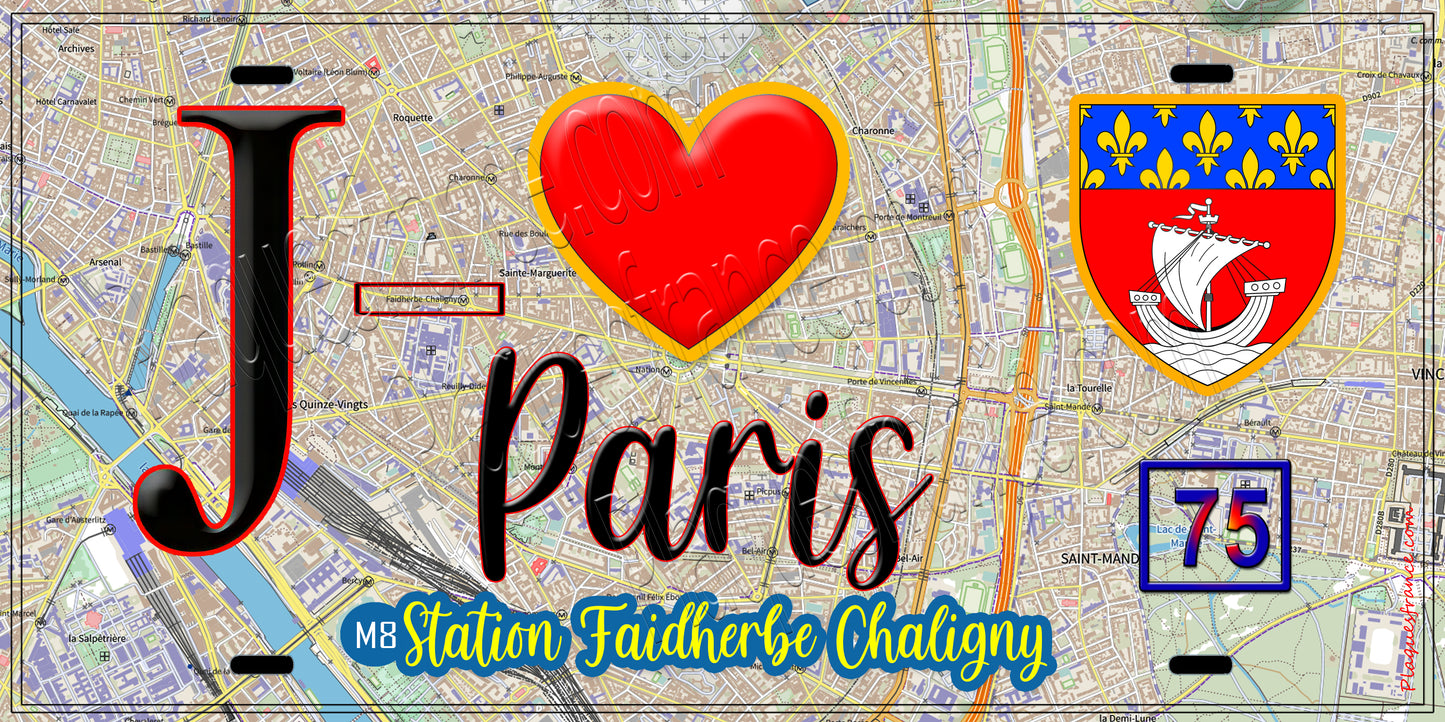 Plaque métal décorative  J' ❤️ Paris : Métro Station Faidherbe Chaligny